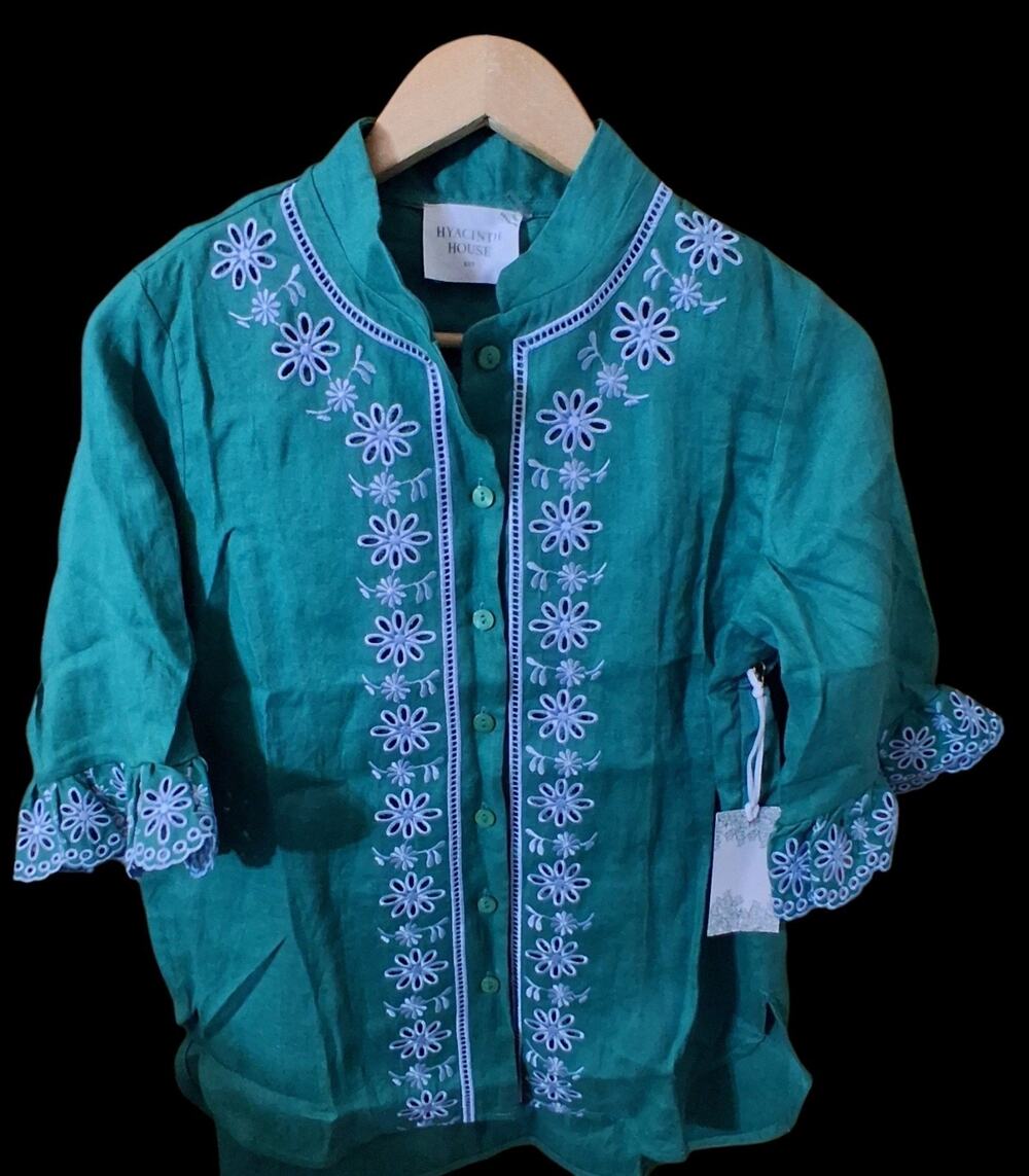 Hyacinth House Montauk Lounge Shirt Green Linen Embroidered Florals SizeXXS NWT